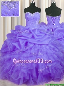 Great Lavender Organza Lace Up Quinceanera Dress Sleeveless Floor Length Beading and Ruffles and Pick Ups