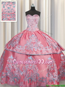 Floor Length Rose Pink Sweet 16 Dress Taffeta Sleeveless Spring and Summer and Fall and Winter Beading and Embroidery
