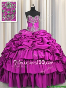 Extravagant Brush Train Spring and Summer and Fall and Winter Taffeta Sleeveless Floor Length Sweet 16 Quinceanera Dress andBeading and Embroidery and Ruffled Layers and Pick Ups