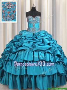 Fancy Beading and Embroidery and Ruffled Layers and Pick Ups Quinceanera Gowns Teal Lace Up Sleeveless Brush Train