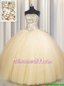 Cute Really Puffy Champagne Ball Gowns Tulle Strapless Sleeveless Beading and Sequins Floor Length Lace Up Ball Gown Prom Dress