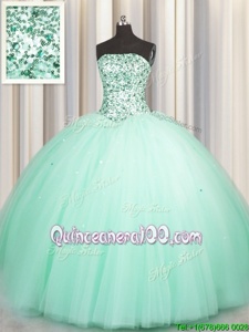 Free and Easy Sequins Puffy Skirt Apple Green and Light Blue Sleeveless Tulle Lace Up Vestidos de Quinceanera forMilitary Ball and Sweet 16 and Quinceanera