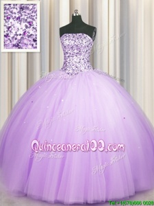 Glorious Sequins Really Puffy Lavender Sleeveless Tulle Lace Up Quinceanera Gown forMilitary Ball and Sweet 16 and Quinceanera
