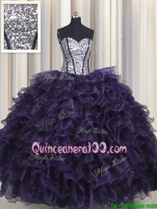 Customized Visible Boning Floor Length Lace Up Quinceanera Gown Purple and In forMilitary Ball and Sweet 16 and Quinceanera withRuffles and Sequins