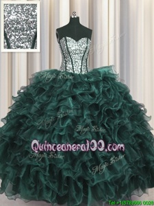 Visible Boning Sleeveless Lace Up Floor Length Ruffles and Sequins Ball Gown Prom Dress