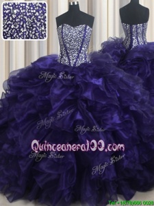Sophisticated Purple Ball Gowns Organza Sweetheart Sleeveless Beading and Ruffles With Train Lace Up Quinceanera Dress Brush Train