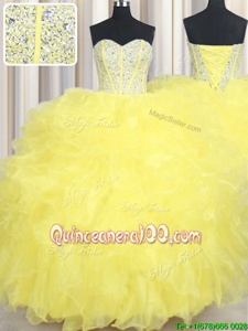 Amazing Yellow Sweetheart Lace Up Beading and Ruffles Ball Gown Prom Dress Sleeveless