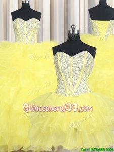 Stunning Three Piece Ball Gowns Quinceanera Dress Yellow Sweetheart Organza Sleeveless Floor Length Lace Up