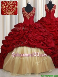 Luxurious Red Sweet 16 Quinceanera Dress Military Ball and Sweet 16 and Quinceanera and For withBeading and Appliques and Pick Ups V-neck Sleeveless Sweep Train Lace Up