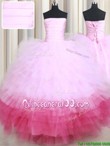 New Style Pink And White Ball Gowns Tulle Strapless Sleeveless Ruffled Layers Floor Length Lace Up Quince Ball Gowns