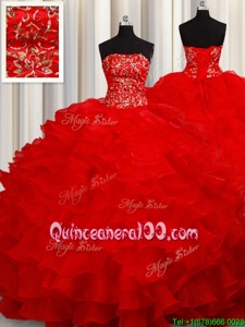 Graceful Red Lace Up Strapless Beading and Embroidery and Ruffles Sweet 16 Dress Organza Sleeveless