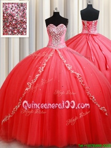 Latest Coral Red Sleeveless Beading and Appliques Floor Length 15 Quinceanera Dress
