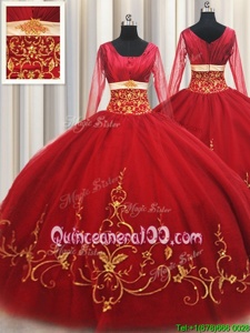 Red Quince Ball Gowns Military Ball and Sweet 16 and Quinceanera and For withBeading and Embroidery Square Long Sleeves Zipper