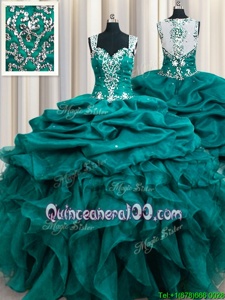 Artistic Teal Ball Gowns Straps Sleeveless Organza Floor Length Zipper Beading and Ruffles and Pick Ups Quinceanera Dress