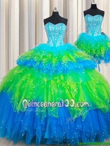 Custom Made Three Piece Sleeveless Floor Length Beading and Ruffled Layers Lace Up Quinceanera Dress with Multi-color