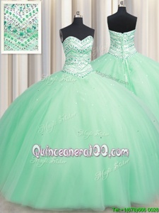 Colorful Sleeveless Floor Length Beading Lace Up Quinceanera Gown with Apple Green