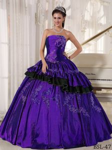 Purple Taffeta Strapless Sweet 16 Dresses with Appliques and Tiers