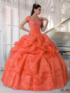 Appliqued off Shoulders Orange Red Dress for Quince with Pick-ups