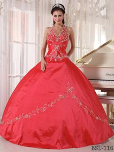 Popular Halter Appliqued Red Quinceanera Dresses with Ruches
