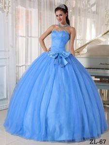 Strapless Pleated Light Blue Quinces Dresses with Bowknot Front