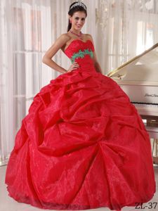 Green Appliqued Red Quinceanera Party Dress with Pick-ups