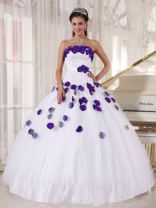White Strapless Quinceanera Dresses with Purple 3D Flowers