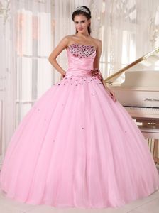 Pleated Baby Pink Ruched Quinces Dresses with Hand Made Flower