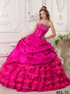 Beading Hot Pink Multi-tiered Dress for Quince with Pick-ups