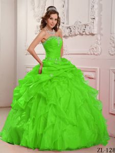 Beaded Spring Green Strapless Ruffled Sweet 16 Dress with Pick-ups