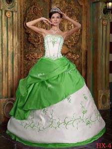 Embroidery Spring Green and White Quince Dress with Pick-ups