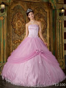 Rose Pink Strapless Appliqued and Flowery Sweet Sixteen Dresses