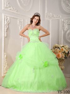 Yellow Green Sweetheart Sweet 15 Dresses with Appliques and Flowers