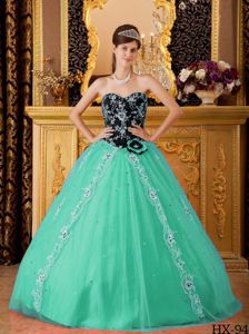 Appliqued Black and Turquoise Sweet 15 Dresses with Sweetheart
