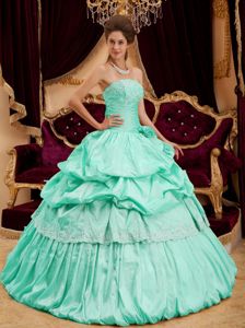 Mint Colored Strapless Sweet 15 Dress with Appliques and Pick ups