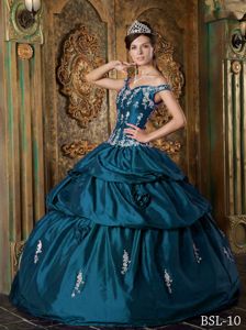 Teal Off Shoulder Taffeta Sweet 15 Dresses with Appliques Flowers
