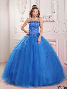 New Strapless Blue Tulle Quinceanera Dresses with Appliques