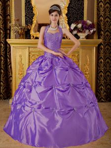 Lavender Halter Quinceanera Dresses with Pick ups and Appliques
