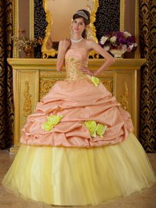 Peach and Yellow Strapless Dresses of 15 with Flowers Appliques