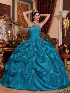Teal Ball Gown Taffeta Dresses of 15 with Pick ups and Appliques
