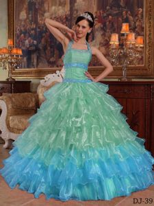 Green and Blue Halter Beaded and Ruffled Quinceanera Dress Gown