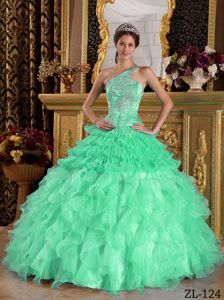 Apple Green One Shoulder Quinceanera Dress Gown with Beading Ruffles