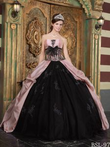 Peach and Black Color Taffeta Dresses 15 with Bowknot Appliques