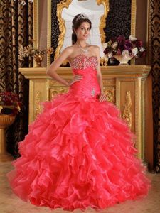 Beaded and Ruched Coral Red Dress for A Quinceanera with Ruffles