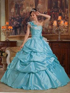 Teal One Shoulder Sweet Sixteen Dresses with Flowers and Beading