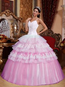Spaghetti Straps Ruffled Layers Pink and White Sweet 15 Dresses
