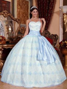 Light Blue Sash and Embroidery Accent White Quinceanera Dresses