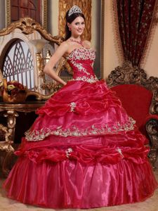 Red Organza Quinceanera Gown Dresses with Appliques and Pick ups