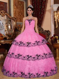Black Appliques Accent Strapless Quinceanera Gown Dress in Rose Pink