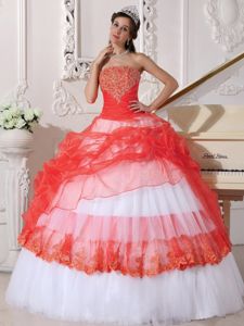 Coral Red Organza Quinceanera Gown Dresses with Appliques Pick ups