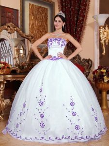 White Strapless Floor Length Quinceanera Gown with Purple Appliques